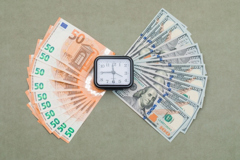 Chwilówki 24/7 bez baz - banknoty w dolarach i w euro z zegarem